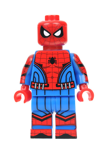 Adelaide, Australia - July 17, 2016: A studio shot of a Civil War Spiderman Lego minifigure from the Marvel Comics and Movies. Lego is extremely popular worldwide with children and collectors.