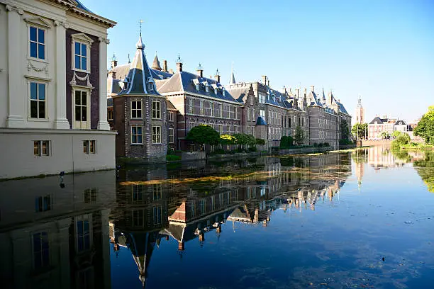 Buitenhof and Binnenhof in the Hague the Netherlands, with view of the pond and Prime Ministers office