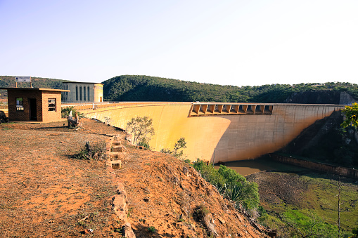 Jozini - South Africa - 5th June 2016. Dam wall at Jozini showing full bridge and road crossing.