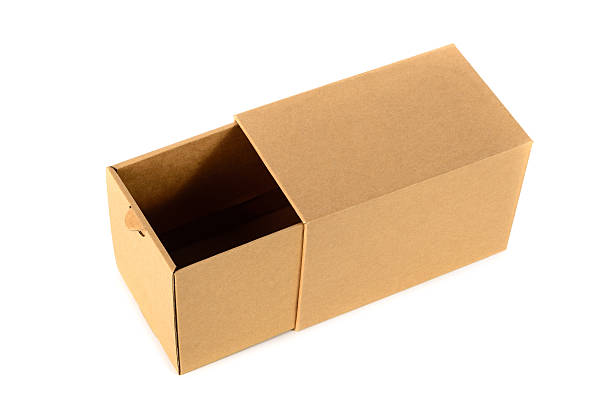 istock Brown cardboard box package with cover, isolated 576923900