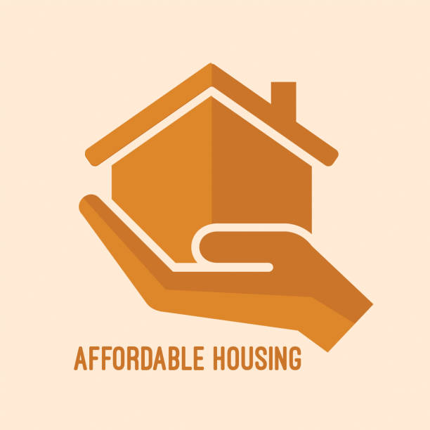 Affordable housing icon. House in hand vector illustration. Flat style vector art illustration