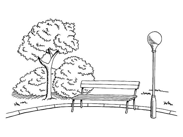 illustrazioni stock, clip art, cartoni animati e icone di tendenza di park grafica nero bianco banco lampada orizzontale disegno illustrazione vettore - parco pubblico illustrazioni