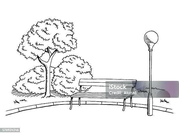 Park Graphic Black White Bench Lamp Landscape Sketch Illustration Vector Stock Illustration - Download Image Now