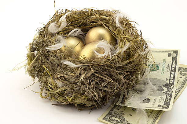 istock Three golden nest eggs isolated on white 576924628