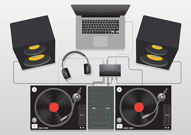 ilustraciones, imágenes clip art, dibujos animados e iconos de stock de dj mezclando tocadiscos set vector - drum & bass