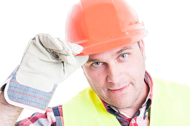 istock Closeup of male constructor doing salutation gesture 576926356
