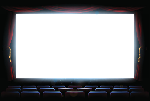 An illustration of the interior of a cinema movie theatre with copyspace on the  screen with red curtains