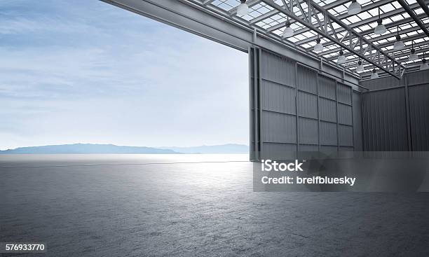 Aircraft Hanger Door Open Car Stage 3d Illustration Stock Photo - Download Image Now