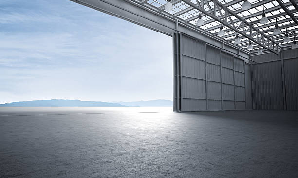 aircraft hanger door open car stage 3d illustration - vacant land imagens e fotografias de stock