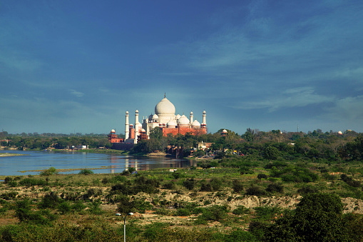 Wide Angle view of Taj Mahal from the majestic Agra Red fort, Agra, India.