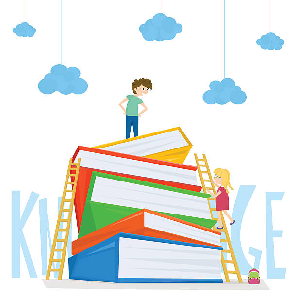Kids climbing on stairs to the large stack of books. Kids climbing on stairs to the large stack of books. Illustration of kids education. Vector illustration book binding illustrations stock illustrations