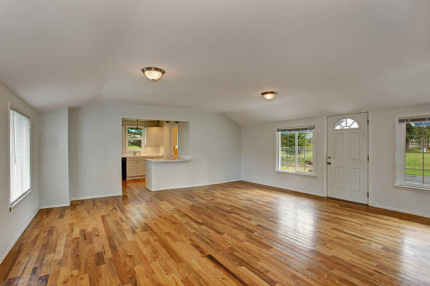 istock Empty hallway interior with white entrance door 576935784
