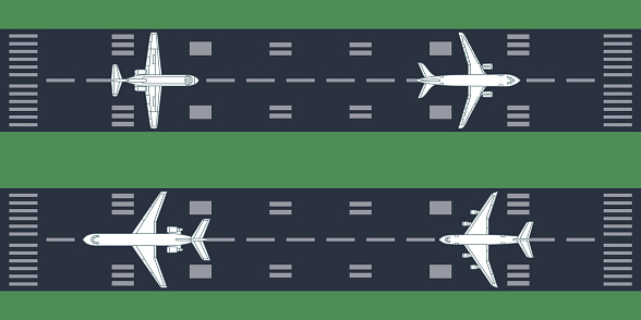 Airplanes at runway. Vector illustration. Each object is grouped individually.