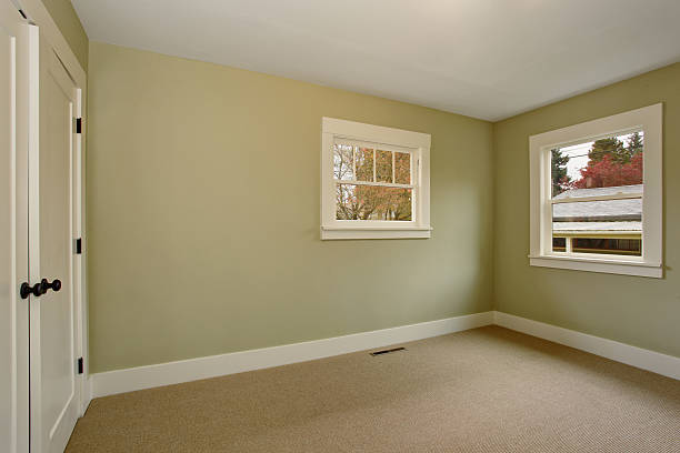 istock Empty room interior with green walls and carpet floor. 576937130