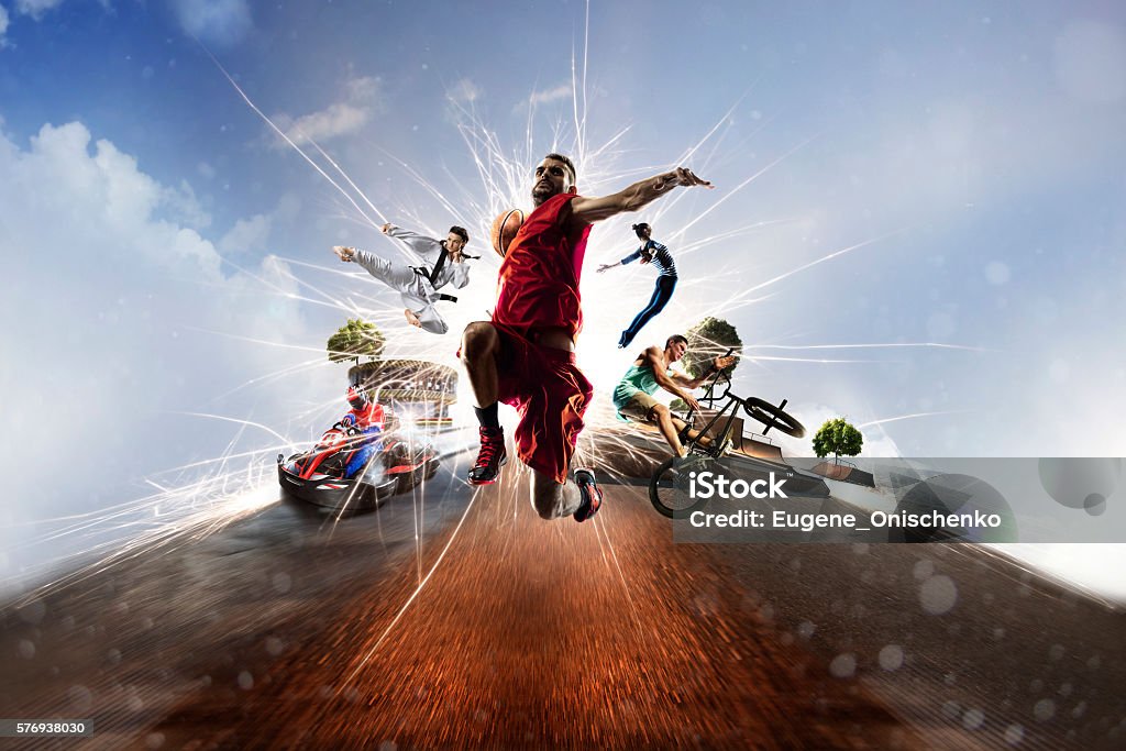 Collage multi sportivo karting basket bmx batut karate - Foto stock royalty-free di Sport