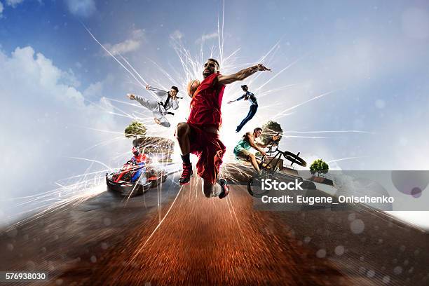 Multi Sports Collage Karting Basketball Bmx Batut Karate Stock Photo - Download Image Now