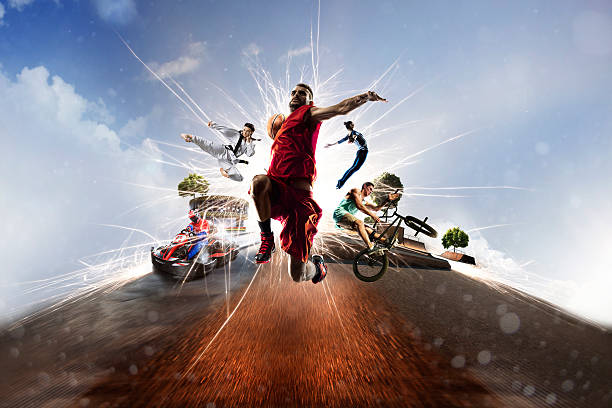 мульти спортивный коллаж картинг баскетбол bmx батут каратэ - bmx cycling bicycle cycling sport стоковые фото и изображения