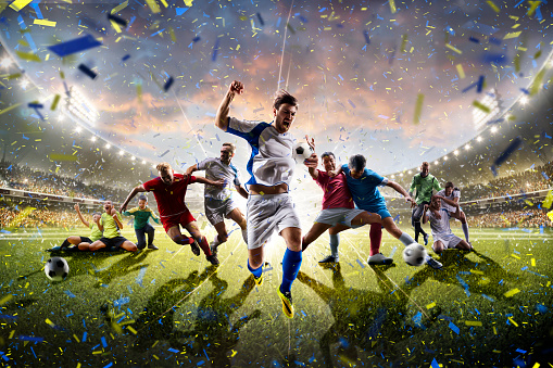 Collage from adult and childrens soccer players in action on the stadium background panorama