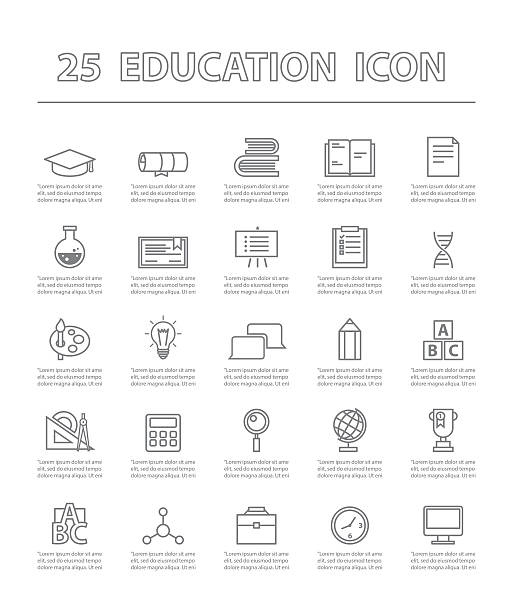 twenty-five thin line simple icons for use in education vector. 25 thin line simple and beautiful icons for use in education vector. Education and Icon Concept. vocabulary board stock illustrations