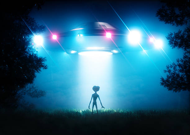 The ufo hovering over the alien visitor The ufo hovering over the alien visitor. 3D rendering. alien grey stock pictures, royalty-free photos & images
