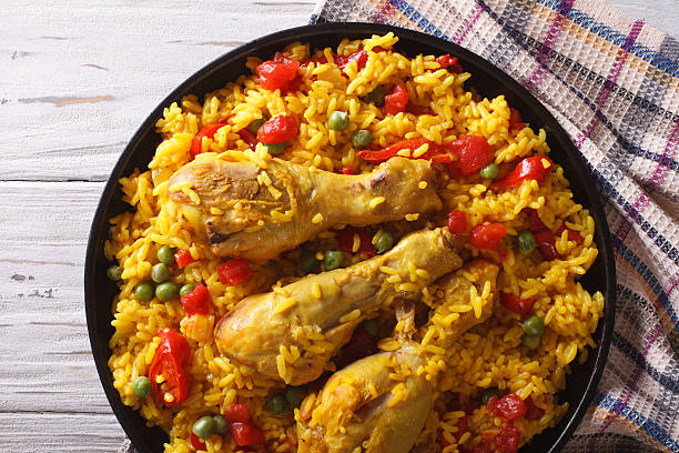 istock paella with chicken and vegetables closeup. horizontal top view 577303202