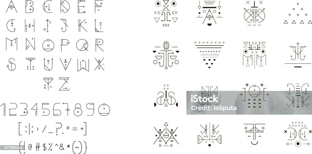 Satz von Vektor trendige Symbole plus ungewöhnliche geometrische Alphabet - Lizenzfrei Indigene Kultur Vektorgrafik