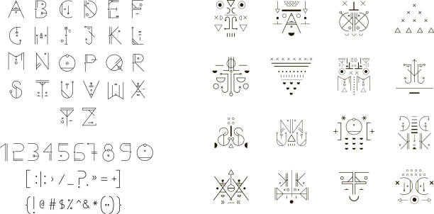 Set of vector trendy icons plus unusual geometric alphabet Set of vector trendy icons plus unusual geometric alphabet. Alchemy symbols collection. Religion, philosophy, spirituality, occultism. alchemy symbols stock illustrations