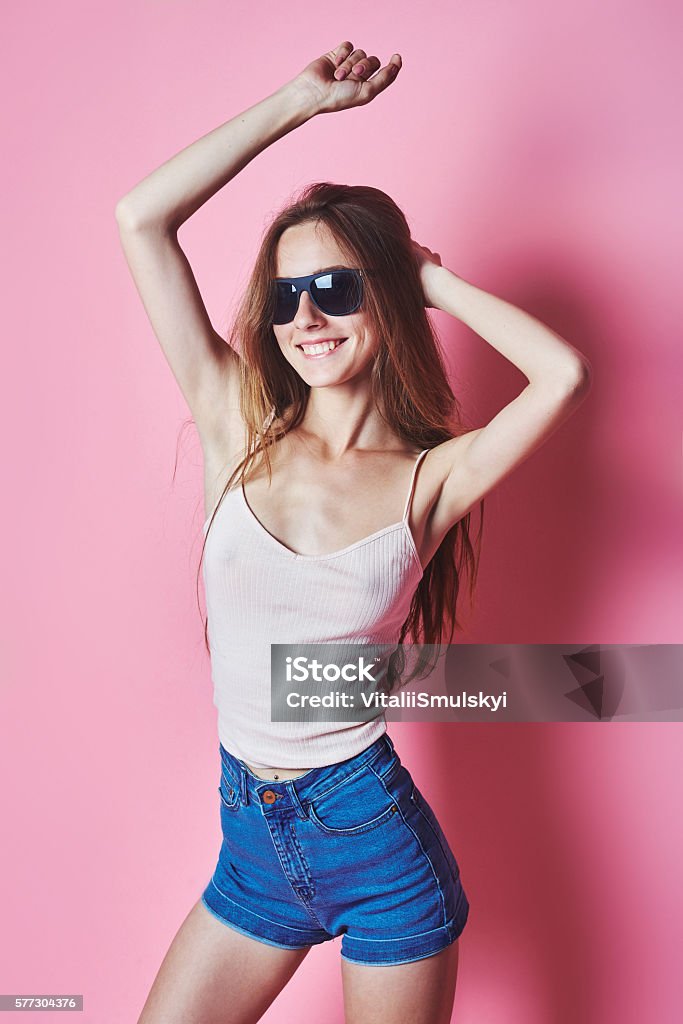 Fashion portrait of girl with sunglasses wearing pastel stylization Abstract Stock Photo