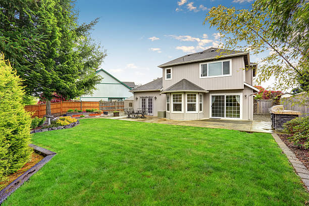 istock Spacious backyard garden with green lawn and Cozy patio area 577304824