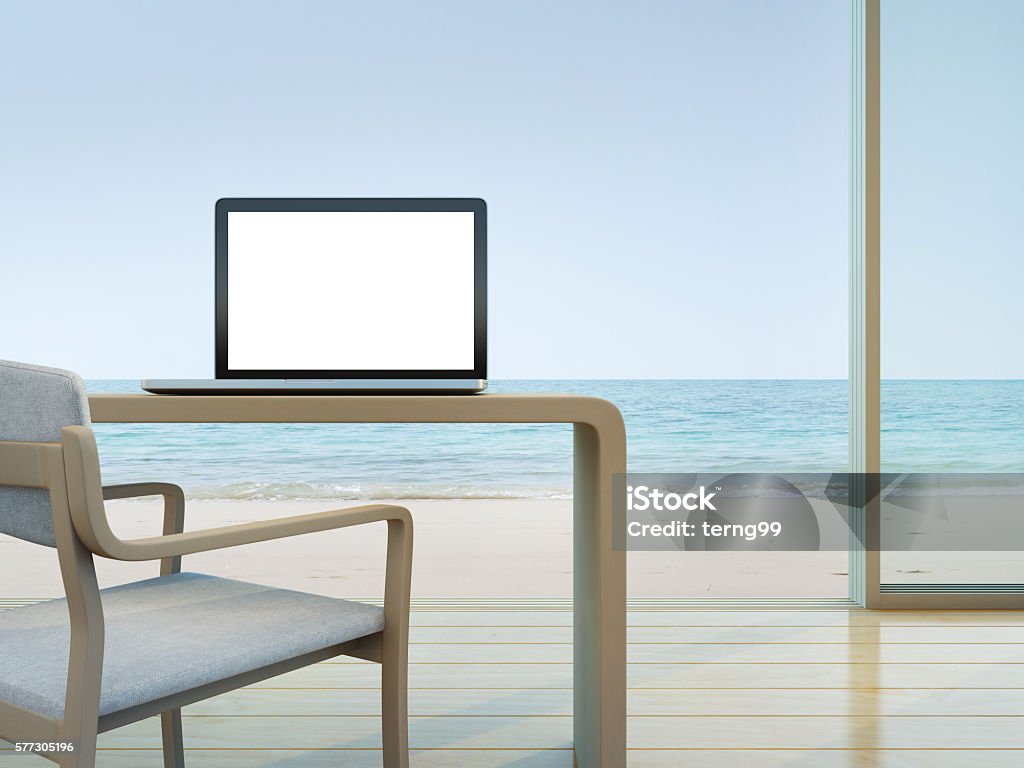 Beach Office Stock Photo - Download Image Now - Sea, Laptop ...
