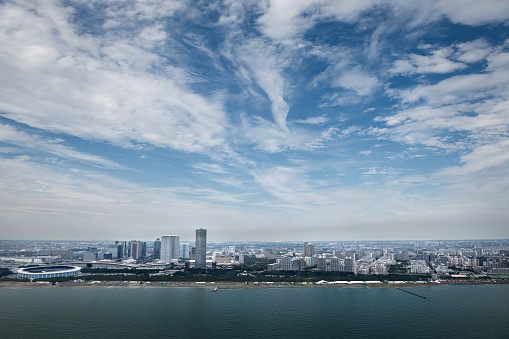 Helicopter point of view of Chiba City, capital city of Chiba Prefecture, Japan.