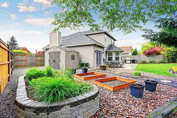 istock Cozy patio area with concrete floor and table set. 577305760