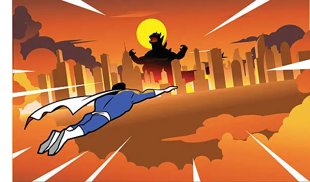 Vector illustration of Superhero flying to fight rampaging monster in the city