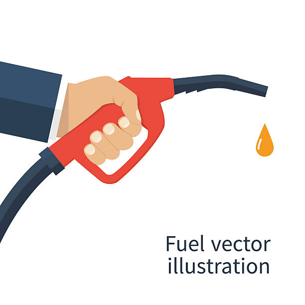 Fuel pump in hand Fuel pump in hand man. Petrol station. Holding fuel nozzle. Gasoline pump with drop.  Vector illustration flat design style. Icon isolation on a white background. gas pump hand stock illustrations