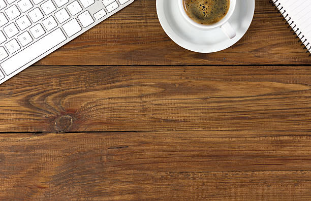 istock Top View of Modern Electronics on wooden Background 577308292