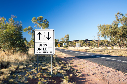 A tourist warning road sign on Larapinta Drive in Northern Territory, Australia