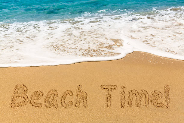 istock Beach Time written in sand with sea surf 577309330