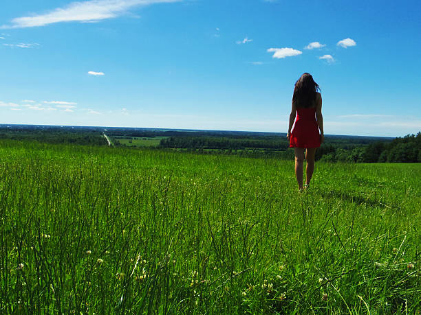 istock Girl in a red dress on a hill 577310200