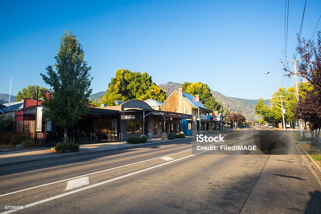 Bright Main Street The country town of Bright early on a cool autumn morning along the Great Alpine Rd in Victoria, Australia Australia Stock Photo