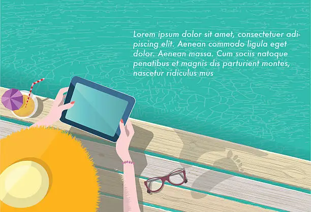 Vector illustration of woman with summer hat reading on tablet at pool