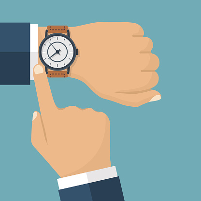 Wristwatch on the hand of businessman in suit. Time on wrist watch. Man with clock checks the time. Hand with clock isolated on background. Flat design, vector illustration.