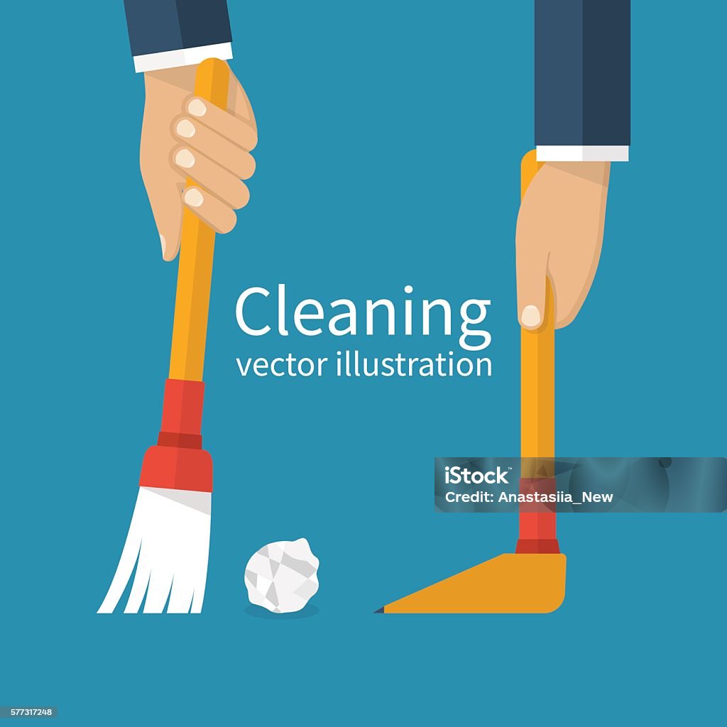 Cleaning service, broom and dustpan Cleaning service. Man holding in hand a broom sweeping garbage, collecting in the dustpan. Vector illustration flat design. Brush and scoop. Dustpan stock vector