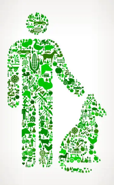 Vector illustration of Man and Dog Farming and Agriculture Green Icon Pattern