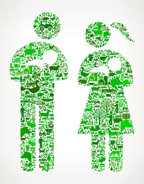 Vector illustration of Family and Babies Farming and Agriculture Green Icon Pattern