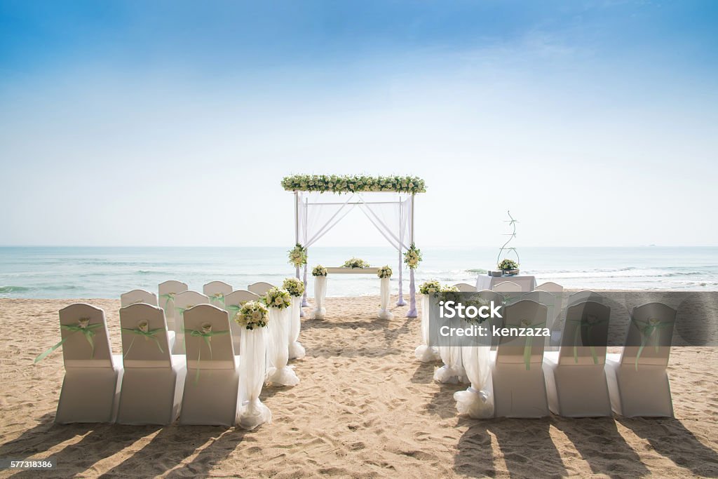 Romantic Wedding setting on the beach. Wedding Stock Photo