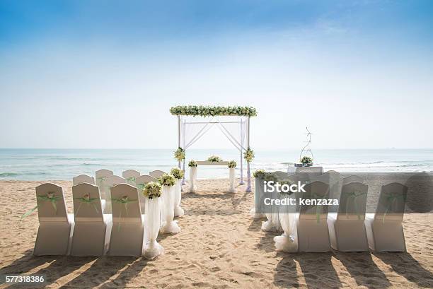 Romantic Wedding Setting On The Beach Stock Photo - Download Image Now - Wedding, Beach, Luxury