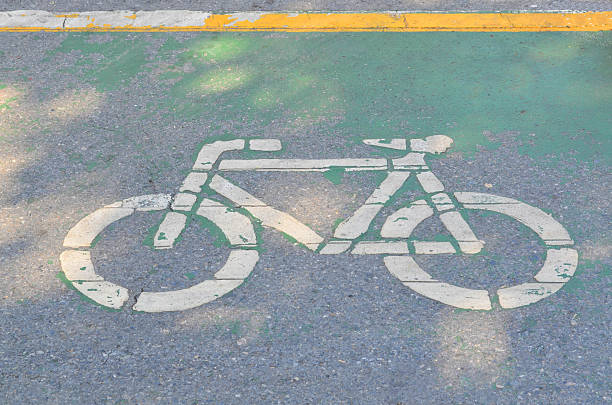 istock Green bicycle lane on asphalt road 577318974