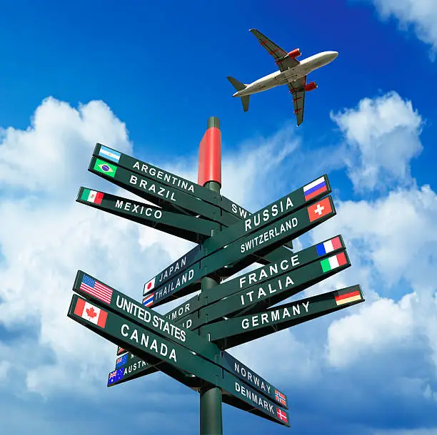Photo of Road sign with flags from countries, plane in the sky