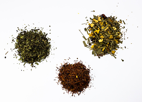 Different types of tea - Green tea, Rooibos tea and Ginger tea