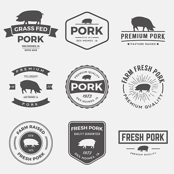 illustrazioni stock, clip art, cartoni animati e icone di tendenza di set vettoriale di etichette di maiale premium, badge ed elementi di design - butchers shop meat market pork
